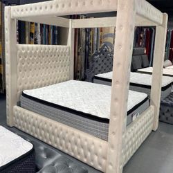 Ivory velvet platform king canopy bed frame 