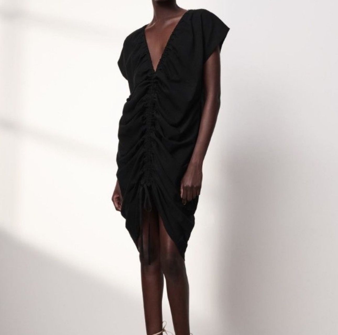 Zara Women Black Gathered Tunic Mini Dress