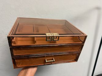 Rose Gold Glass Two-Tier Jewelry Box – A vintage-style jewelry organizer featuring two drawers, a clear glass lid, and a velvet lining; suitable for s