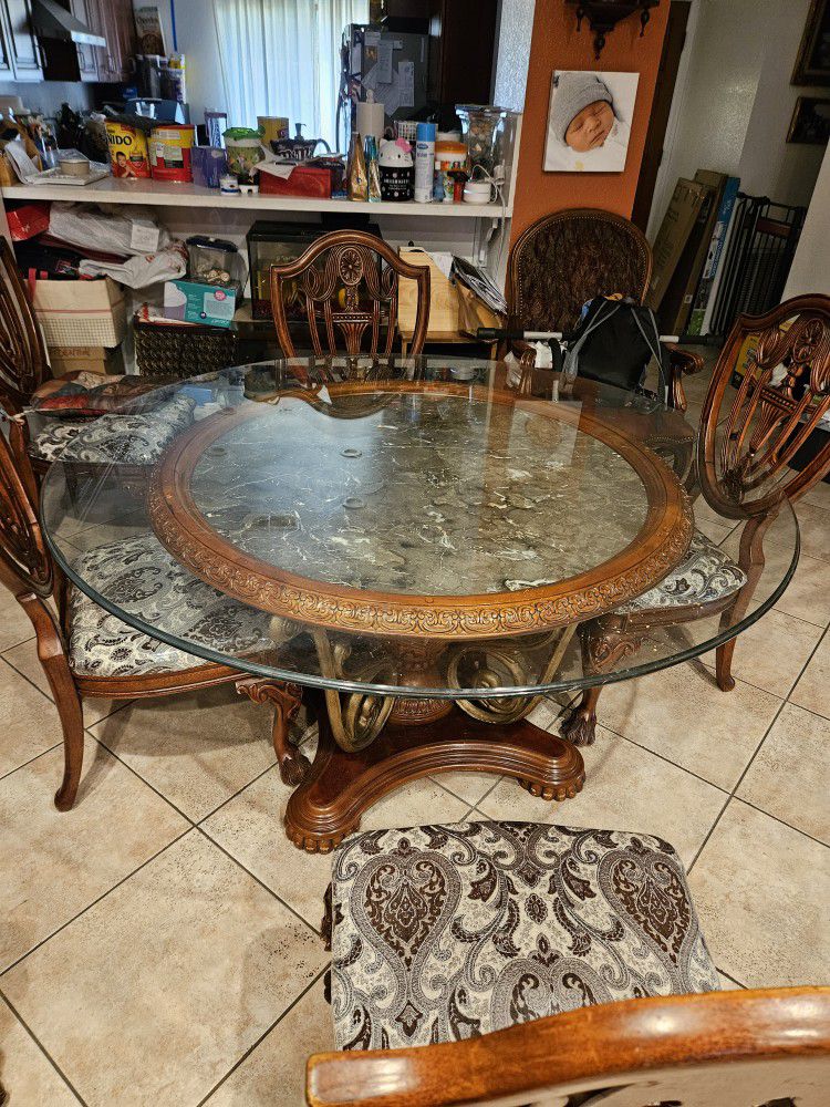 Glass Dining Table With Marble Center And Walnut Base