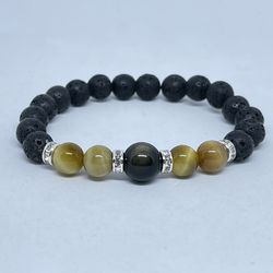 NATURAL Charged Gold Obsidian & Tiger Eye, Lava Bracelet (known For: protection, decision & $ ,release Negativity)