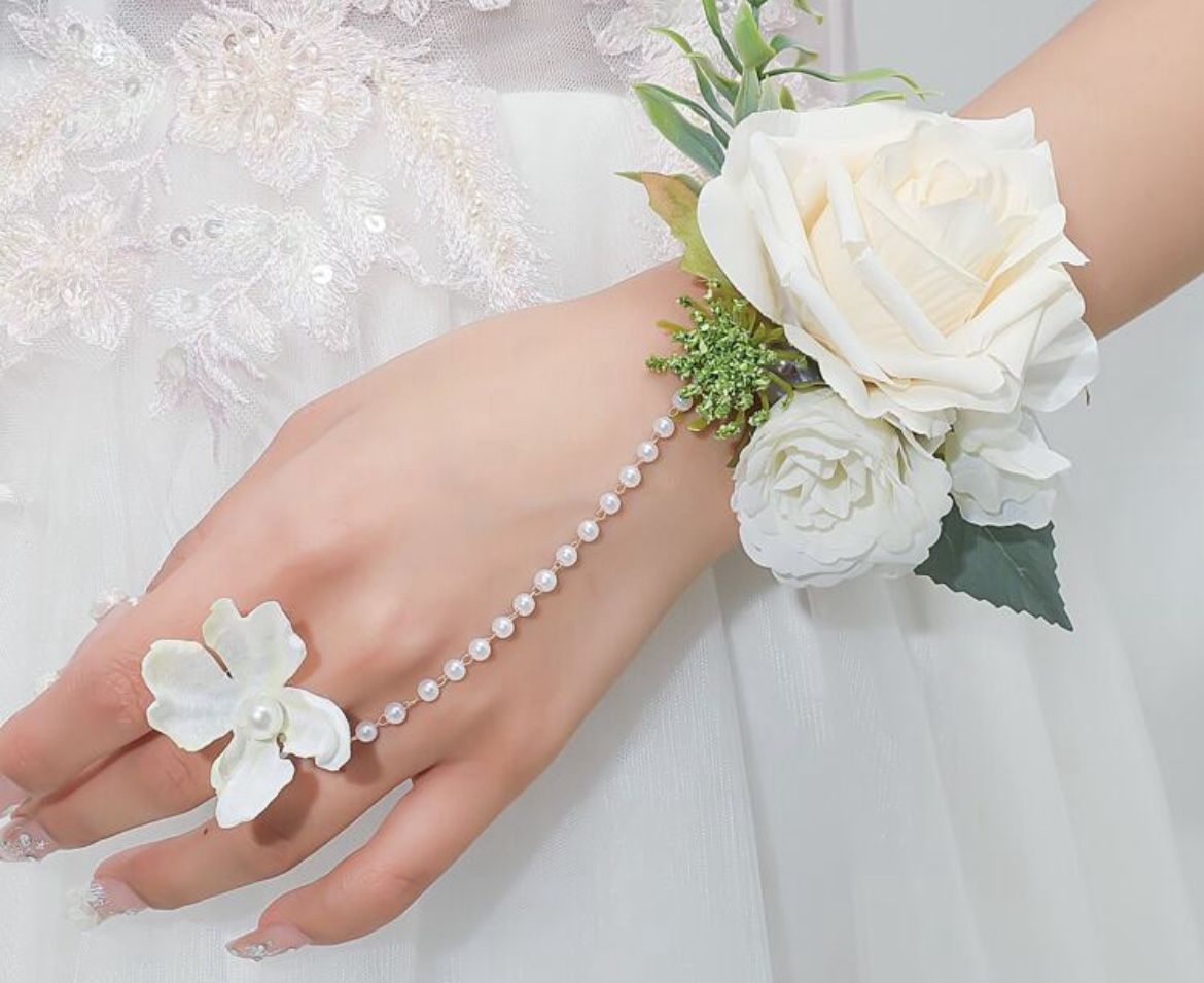 Faux Pearl & Flower Decor Wrist Corsage For Wedding For Bride