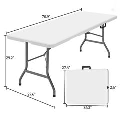 6 Foot Folding Table, White Plastic Folding Table, Built-in Handle, Indoor Outdoor