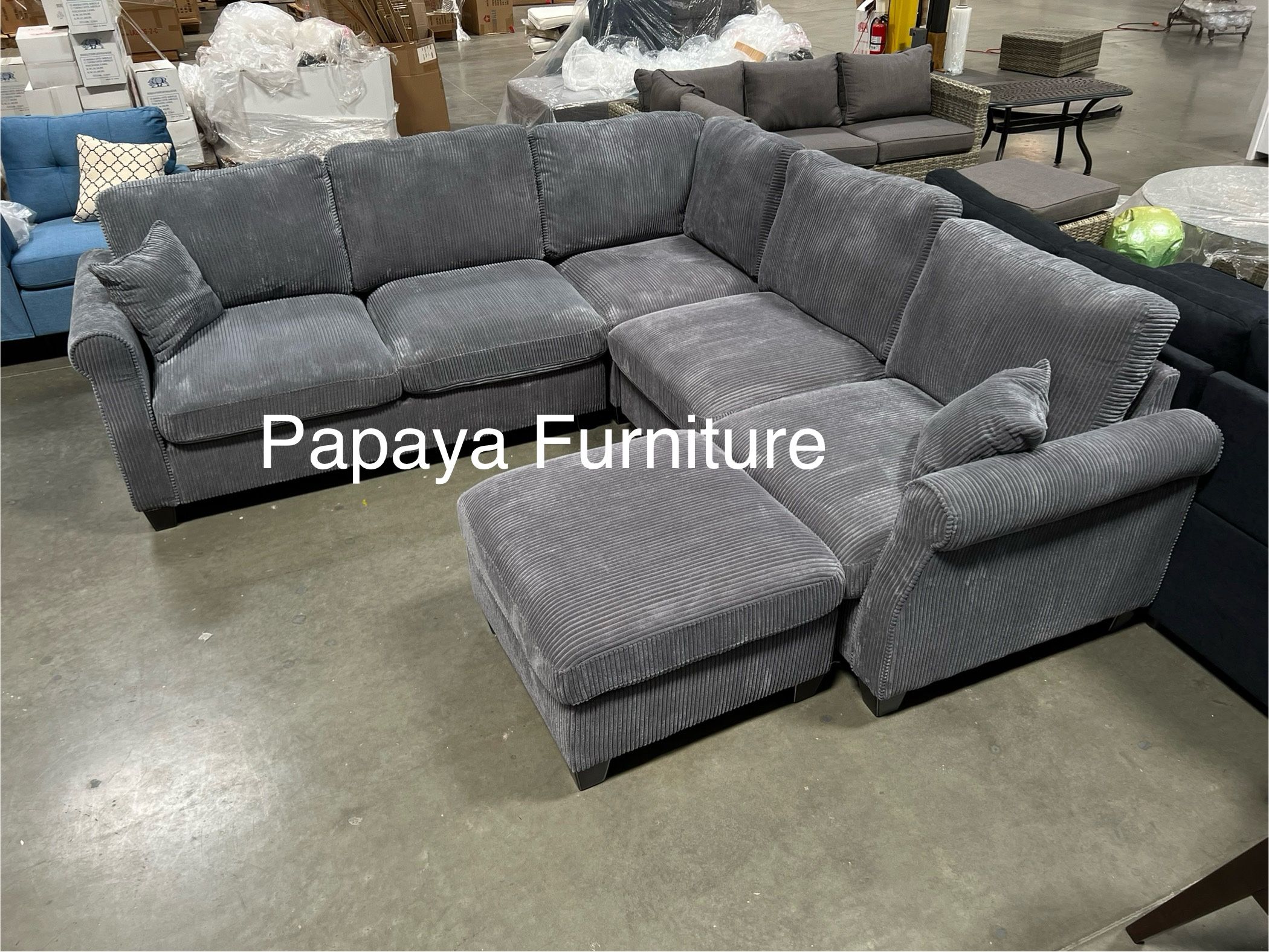 New ! Dark Gray Soft plush sectional and ottoman, Sectional, Sofa, Couch, Sectional couch, L-Shaped sofa, Grey sofa, Grey sectional, sectionals. Dimen