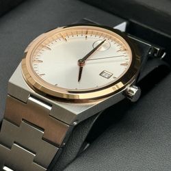 Movado BOLD Quest White Dial Stainless Steel and Rose Gold-Tone Bracelet Watch 40mm