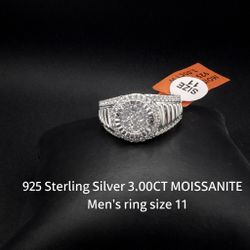 925 Sterling Silver 3.00CT MOISSANITE Round Men’s Ring Size 11