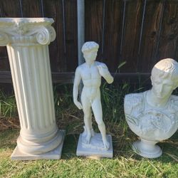 Heavy Duty Ceramic Statue Lot Cesare Michaelangelo's David & Greek Pillar