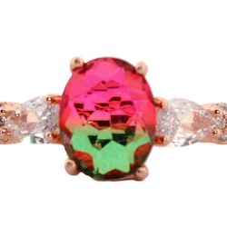Oval Watermelon Tourmaline & Topaz Rose Gold Ring, Size 7 138