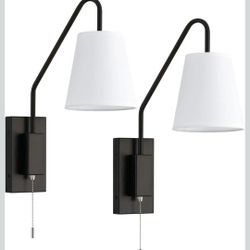 Terleenart Hardwired Sconce set of 2 with on/off Switch,Wired Bedside Wall Mounted Reading Lamps with Pull Chain Switch,Sloped Arm and White Fabric Sh