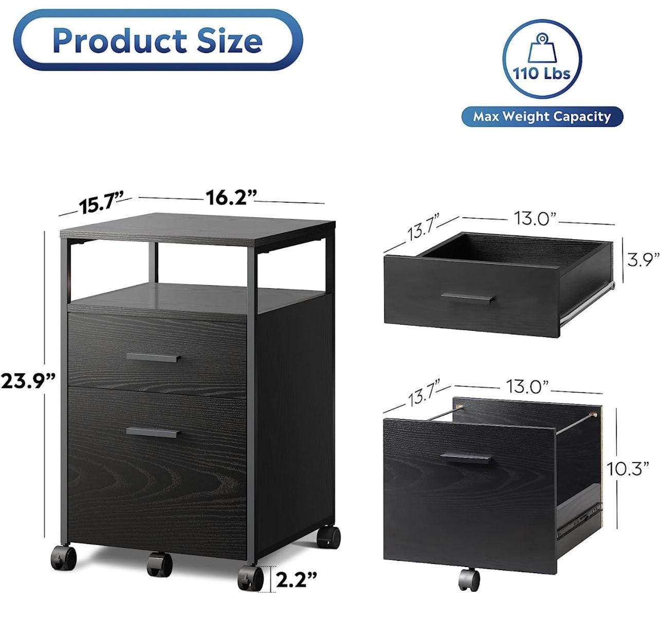 2 Drawer File Cabinet, Mobile Printer Stand with Open Storage Shelf, Wood Filing Cabinet fits A4 or Letter Size for Home Office, Black