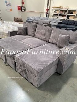 NEW Sectional Couch Pull out Bed and STORAGE Chaise Lounge Set Pullout Sleeper Bed Sofabed Dark Gray Fabric Small Living Room Space Saving apartment