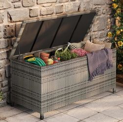70 Gallon Outdoor Storage Table Patio Coffee Table All Weather Wicker Side Table with Waterproof Covers Rattan Furniture for Toys and Garden Tools