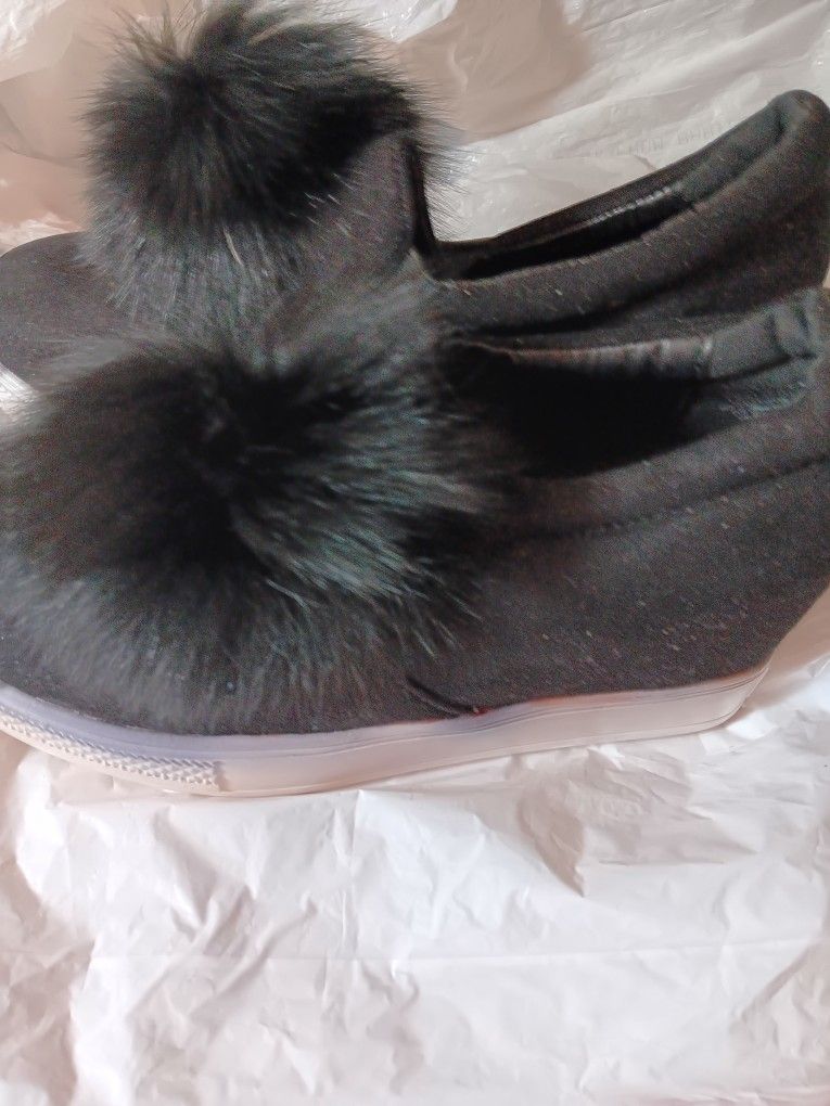 Girl's Black Shoes With Pom Poms...