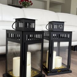 Two Contemporary Black Lanterns with candles and pebbles Indoor/ Outdoor - 17.25”x 9.5”
