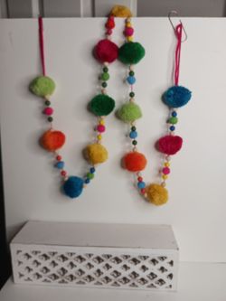 Pom-pom and Wood bead Garland 45" party decoration Boho Hippie Home Decor Xmas