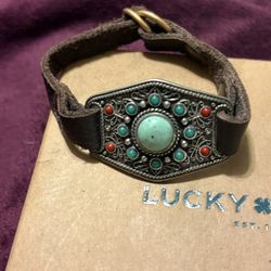 LUCKY BRAND Silver /gold tone Brown Leather Blue Red Stones  Design Bracelet 