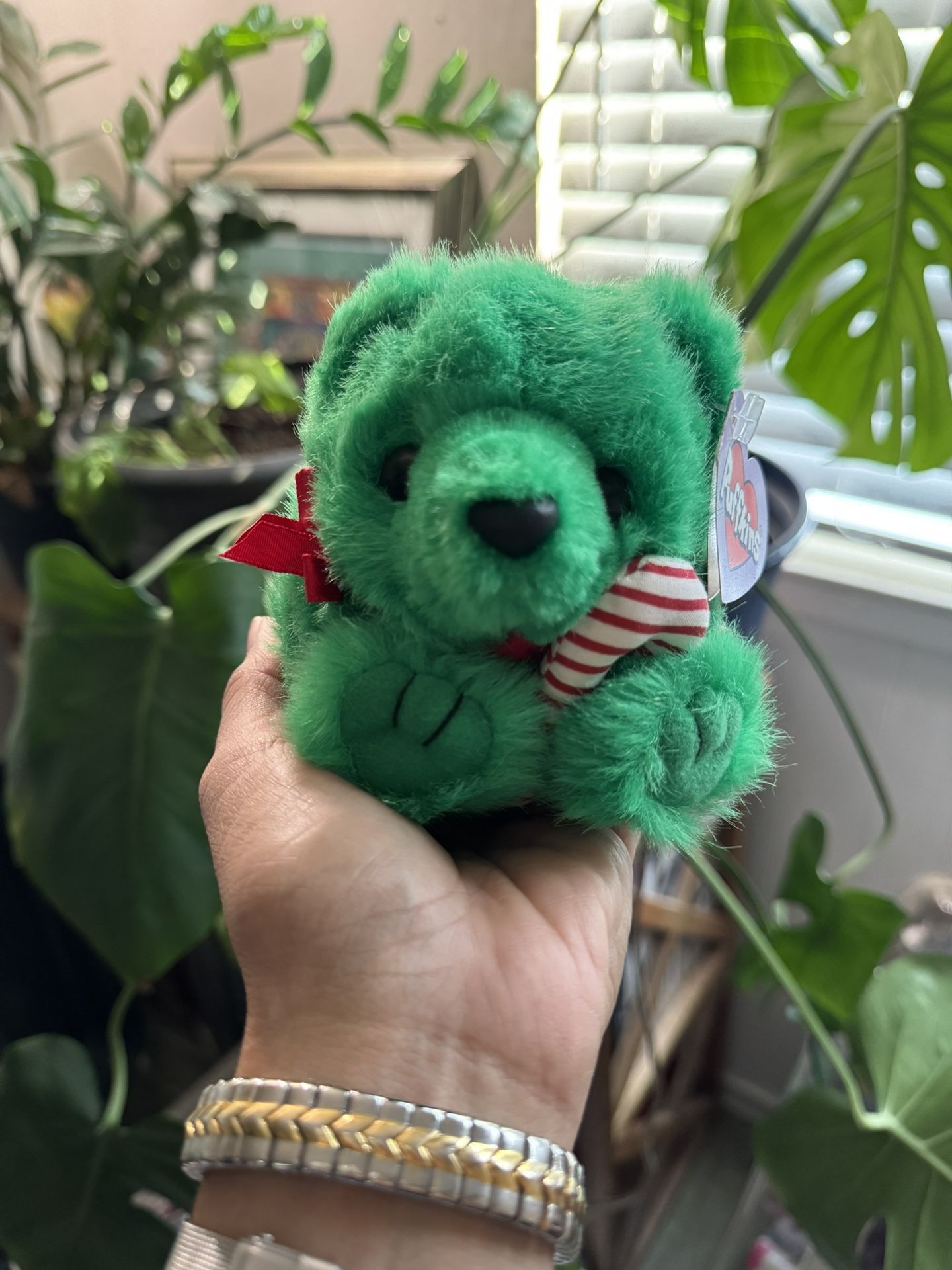 Vintage Puffkins HOLIDAY JINGLES GREEN BEAR W/ CANDY CANE 4" Stuffed Animal