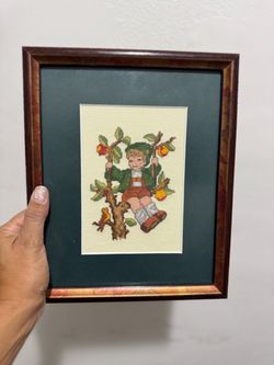 Vintage Hummel NeedlePoint “Boy Lederhosen Peach/Apple Tree Framed