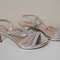 Sparkly Silver Nina Strappy D'Orsay Kitten Heels Size 8.5 