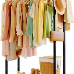 Clothes Rack - Double Rods Clothing Rack with Mesh Shelf, Hooks & Wheels, Metal Clothing Racks for Hanging Clothes & Bags, Multifunctional Garment Rac