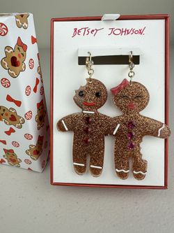 Betsey Johnson Gingerbread Man Earrings, Dangling, Sparkling, Statement NWT