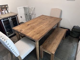 Hardwood Dining Table W/ Benches and Upholstered Chairs