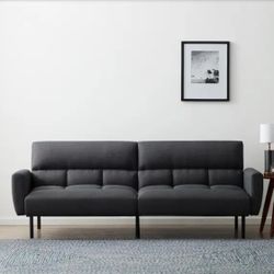 Lucid Comfort Collection Linen Futon Sofa Bed with Box Tufting Black Faux Leather. A little bit scratched