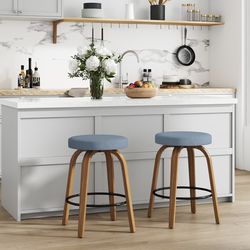 Bar Stools Set of 2, 24" Counter Height Backless Bar Stools, Fabric Upholstered Seat, Sturdy Curved Wood Legs, Mid-Century Modern Island Stools for Ki