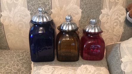 Set Of 3 Colored Glass Canisters