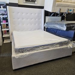 Brand New Queen Bed White Teddy Fabric With 10 Inch Memory Foam Matt $459
