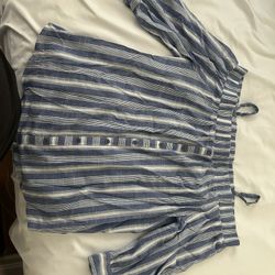 By And By Off The Shoulder Top (Blue & White Stripes) - Size L.