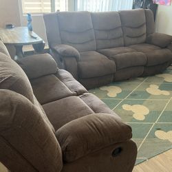 Brown Recliner 3 Seat Couch + Matching Love Seat