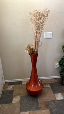 Tall Red Floor Vase with Dried Branches
