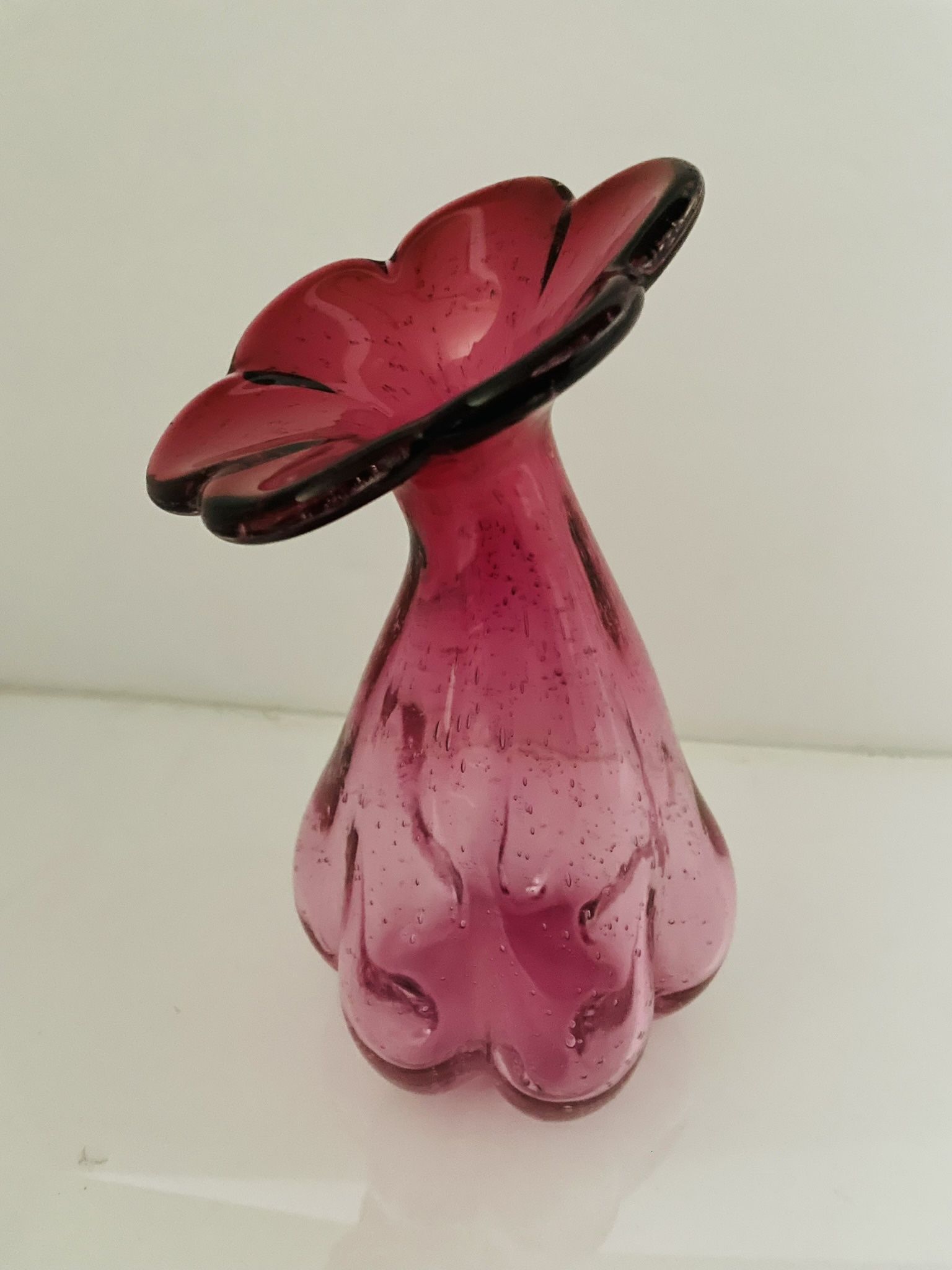 Vintage, mid century, cranberry flower, art glass vase