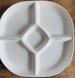 Pottery Barn Divided Stoneware Serving Platter, Ivory with Brown Distressed Accents, 15" x 15" x 2” - Circa 2012  