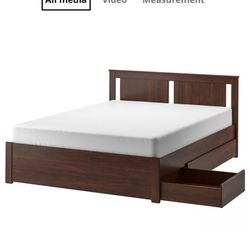 Queen bed frame with 4 storage boxes.  2 nightstand tables  One big dresser