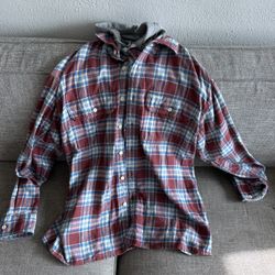 American Eagle Flannel Hoodie Shirt Red Blue White Gray Hood Large