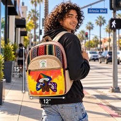 Handcrafted Himalayan Hemp Backpack with Embroidered Blue Mushroom Garden Design