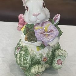 Corner Ruby “Pansy” Ceramic Lidded Bowl/pot/Jar Floral Bunny Rabbit. 8” Tall