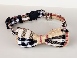 Bow Tie Adjustable Cat Collar Beige Plaid $15