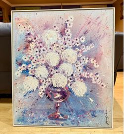‘72 Chrysanthemums In Pedestal Vase 42”x36” Impasto Oil Painting Gerald J. Burns