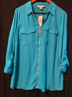 New Michael Kors teal green zip up long sleeve blouse