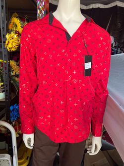 Red Monogram Print Button-Up Dress Shirt