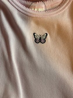 Pink Ribbed Top with Butterfly Embroidery