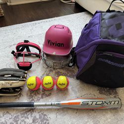 Girls Youth Softball Bag, Bat, Right Hand Glove, Helmet, Face Mask, Balls 