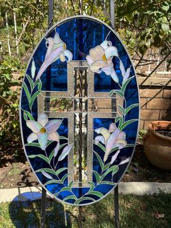Oval Stained Glass Cross and Lilies Sun Catcher
