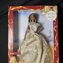 Barbie Signature 2025 Holiday Black Hair Fashion Doll Wearing Silver & Gold Gown, Seasonal Collector in Displayable Packaging & Stand