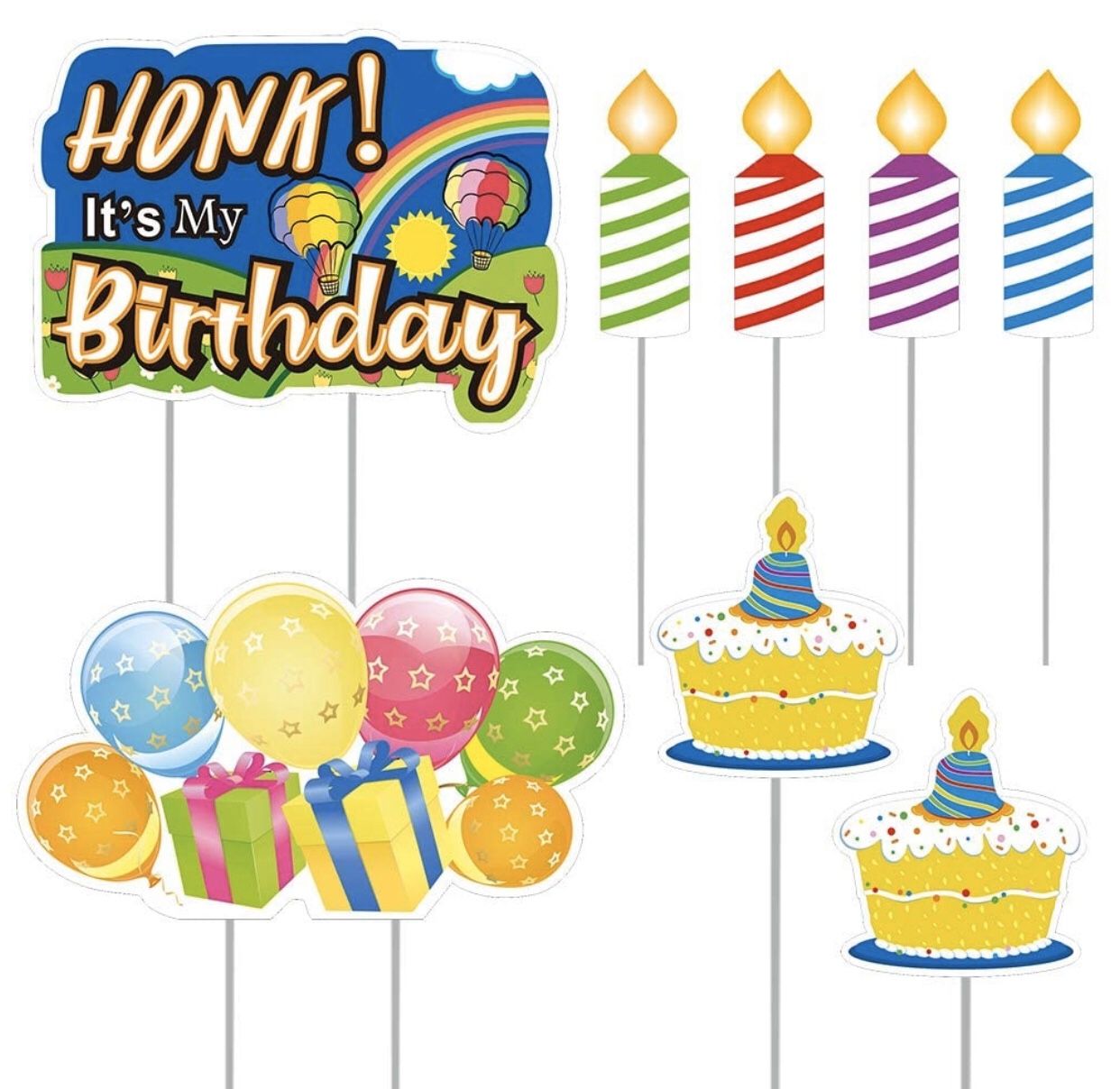 Yard Sign Birthday Honk! It's My Birthday Party Sign, Cupcake and Candles Outdoor Lawn Signs with Stakes - 8 Packs