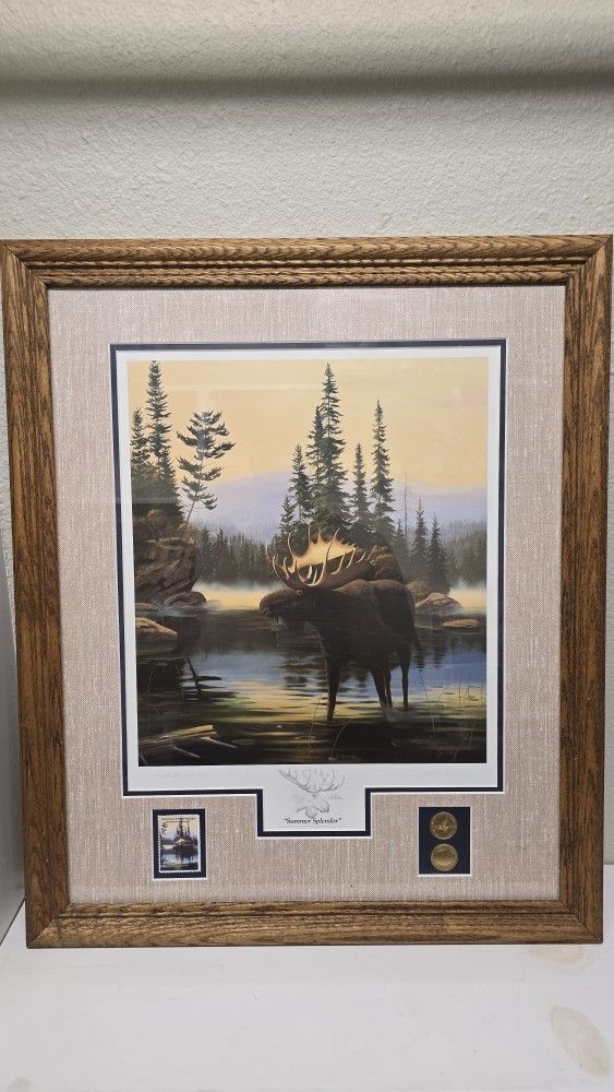 LIMITED EDTION PRINT BY LEO STANS 1990 SUMMER SPLENDOR" MOOSE PRINT 2/ 1990 EARTH DAY 22K GOLD COINS
