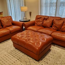 Extra Long/Deep Leather Sofa, Loveseat, And Ottoman